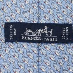 Pre Owned Hermes Light Blue Dolphin Printed Silk Tie