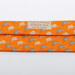 Pre Owned Hermes Orange Horse Printed Silk Tie
