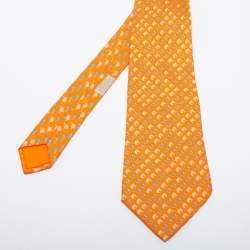 Pre Owned Hermes Orange Horse Printed Silk Tie