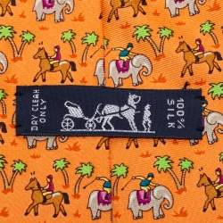 Pre Owned Hermes Orange Animal Printed Silk Tie