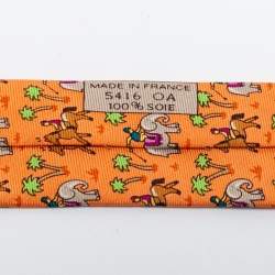 Pre Owned Hermes Orange Animal Printed Silk Tie