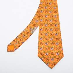 Pre Owned Hermes Orange Animal Printed Silk Tie