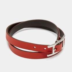 Pre Owned Hermès Behapi Orange Leather Palladium Plated Double Tour Reversible Bracelet M