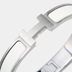 Pre Owned Hermes Clic HH White Enamel Palladium Plated Bracelet