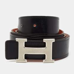 Hermes Orange/Noir Togo and Chamonix Leather H Guillochee Reversible Belt 110 CM