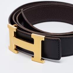 Pre Owned Hermes Noir/Chocolat Box and Togo Leather H Buckle Reversible Belt 100 CM