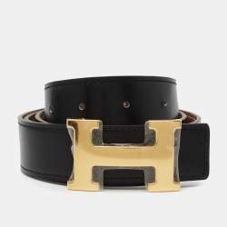 Pre Owned Hermes Noir/Gold Chamonix and Togo Leather H Buckle Reversible Belt 95 CM