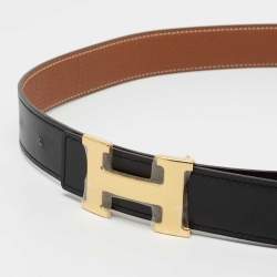 Pre Owned Hermes Noir/Gold Chamonix and Togo Leather H Buckle Reversible Belt 95 CM