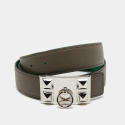 Pre Owned Hermes Etain/Bamboo Epsom and Chamonix Leather Collier De Chien Reversible Belt 95 CM