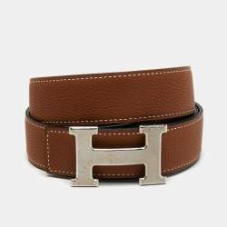 Pre Owned Hermes Black/Gold Togo and Box Leather H Buckle Palladium Finish Reversible Belt 100CM