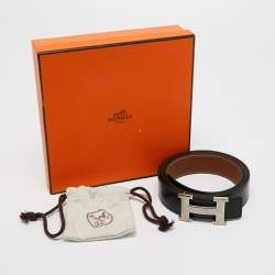 Pre Owned Hermes Black/Gold Togo and Box Leather H Buckle Palladium Finish Reversible Belt 100CM