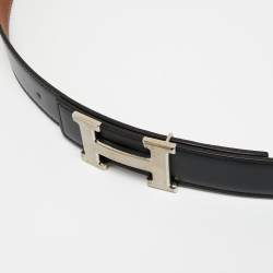 Pre Owned Hermes Black/Gold Togo and Box Leather H Buckle Palladium Finish Reversible Belt 100CM