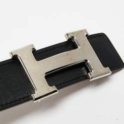 Pre Owned Hermes Black/Gold Togo and Box Leather H Buckle Palladium Finish Reversible Belt 100CM
