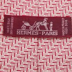 Pre Owned Hermès Red & White Chevron Jacquard Silk Tie