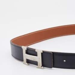 Hermes Black/Gold Box and Togo Leather Palladium Finish H Guilloche Belt 95 CM