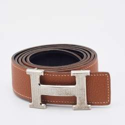 Hermes Black/Gold Box and Togo Leather Palladium Finish H Guilloche Belt 95 CM