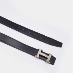 Hermes Black/Gold Box and Togo Leather Palladium Finish H Guilloche Belt 95 CM