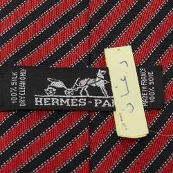 Pre Owned Hermes Red and Blue Diagonal Striped Silk Tie