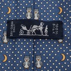 Pre Owned Hermes Blue Night Owl Print Silk Tie