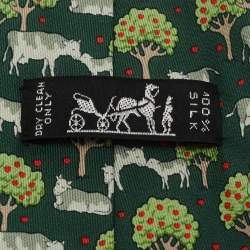 Pre Owned Hermes Vintage Green Animal Print Silk Tie