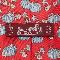 Pre Owned Hermes Vintage Coral Red Pumpkins and Orchids Silk Classic Tie 