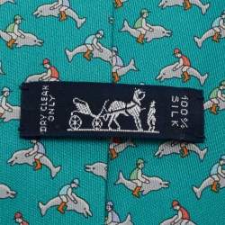 Pre Owned Hermes Teal Blue Dolphin Print Silk Classic Tie
