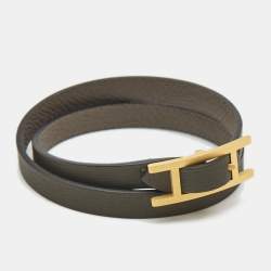 Pre Owned Hermes Behapi Double Tour Leather Gold Tone Bracelet