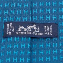 Pre Owned Hermes Peacock Blue Faconne H Silk Jacquard Tie