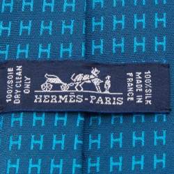 Pre Owned Hermes Peacock Blue Faconne H Silk Jacquard Tie