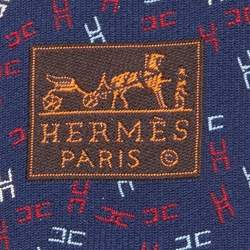 Pre Owned Hermes Navy Blue Printed Silk Jacquard Tie
