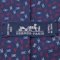 Pre Owned Hermes Navy Blue Printed Silk Jacquard Tie