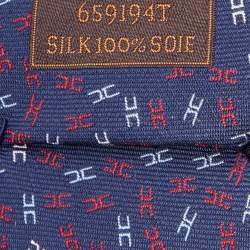 Pre Owned Hermes Navy Blue Printed Silk Jacquard Tie