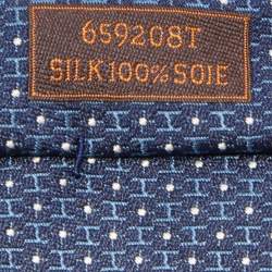 Pre Owned Hermes Navy Blue H Pattern Silk Jacquard Tie