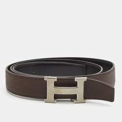Hermes Black/Chocolat Chamonix and Togo Leather H Reversible Buckle Belt 115CM