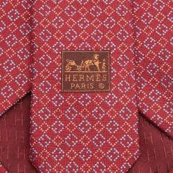 Pre Owned Hermes Red Diamond Pattern Silk Tie