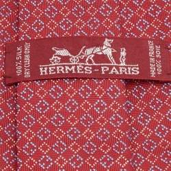Pre Owned Hermes Red Diamond Pattern Silk Tie