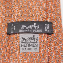 Pre Owned Hermes Orange  & Anchor Print Silk Tie