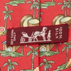 Hermes Red Tropical Island Printed Silk Tie