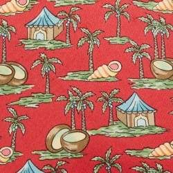 Hermes Red Tropical Island Printed Silk Tie