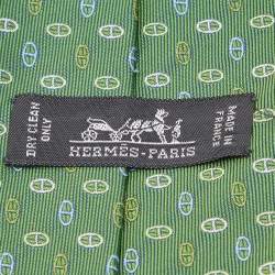 Pre Owned Hermes Green Chain Link Pattern Silk Jacquard Tie