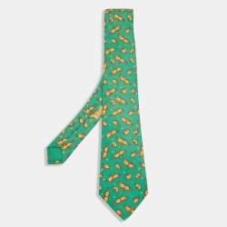 Hermes Green Hazelnut Print Silk Tie 