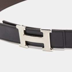Hermes Black/Chocolat Box and Togo Leather H Buckle Reversible Belt 90CM