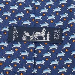 Pre Owned Hermes Navy Blue Rabbits Print Silk Traditional Tie