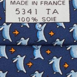 Pre Owned Hermes Navy Blue Rabbits Print Silk Traditional Tie