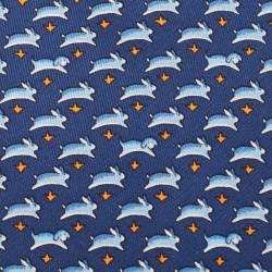 Pre Owned Hermes Navy Blue Rabbits Print Silk Traditional Tie
