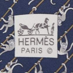 Pre Owned Hermes Navy Blue Monkey Print Silk Tie