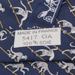 Pre Owned Hermes Navy Blue Monkey Print Silk Tie