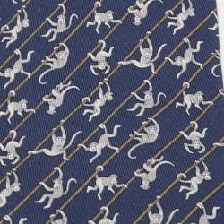 Pre Owned Hermes Navy Blue Monkey Print Silk Tie