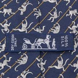 Pre Owned Hermes Navy Blue Monkey Print Silk Tie