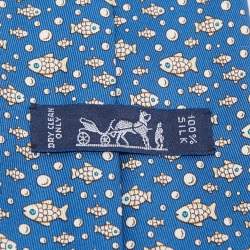 Pre Owned Hermes Blue Fish Print Silk Tie